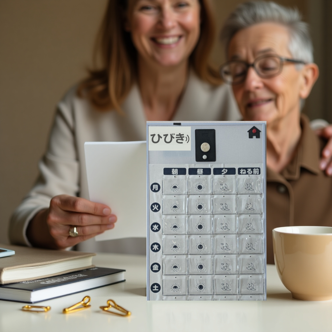1日分の服薬時間帯が明確に示された服薬カレンダーのクローズアップ